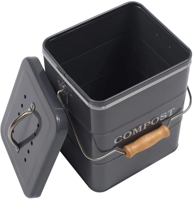 Kitchen Garbage Bin with Charcoal Filter Food Waste Bin with Wooden Handle Rectangle Galvanized Iron Metal Compost Bin