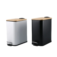 小型矩形垃圾桶，带缓降脚踏板，适用于浴室客厅，金属 5L 垃圾桶，带竹盖