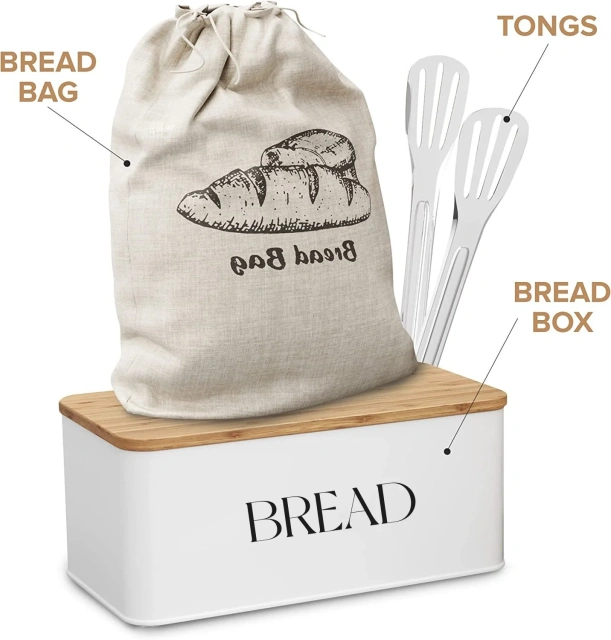 White Airtight Kitchen Dry Food Storage Bread Bin Galvanized Iron Bread Box Vintage Metal Bread Box with Bamboo Lid