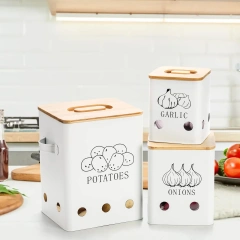 工厂定制金属洋葱大蒜土豆罐套装厨房罐蔬菜保鲜容器带孔和木盖