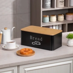 In Stock Vintage Large Metal Bread Box with Bamboo Lid Kitchen Countertops Metal Storage Bread Box Cabinet