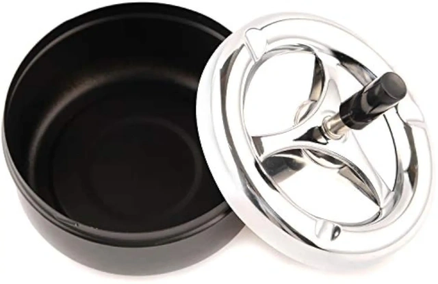 Round Push Down Tabletop Cigarette Ashtray with Spinning Tray Cigarette Ashtray Rotating Metal Ashtray Holder for Smokers