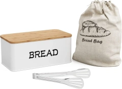 White Airtight Kitchen Dry Food Storage Bread Bin Galvanized Iron Bread Box Vintage Metal Bread Box with Bamboo Lid