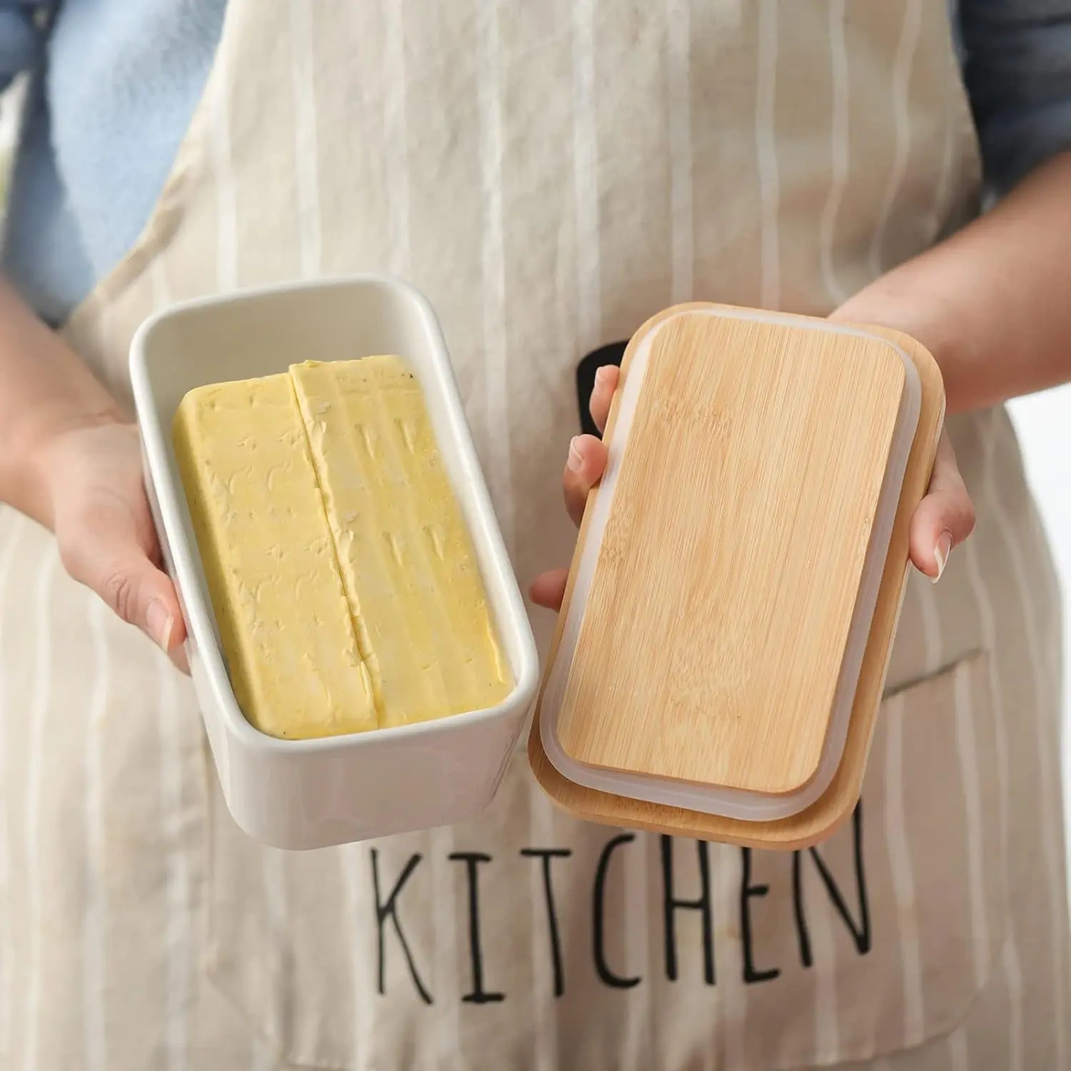 Airtight Covered Butter Keeper Container Ceramic Butter Dish Jar for Countertop