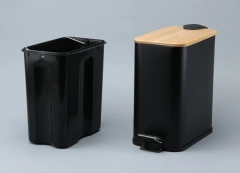 小型矩形垃圾桶，带缓降脚踏板，适用于浴室客厅，金属 5L 垃圾桶，带竹盖