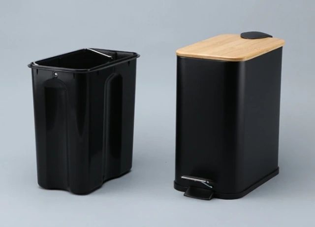 小型矩形垃圾桶，带缓降脚踏板，适用于浴室客厅，金属 5L 垃圾桶，带竹盖