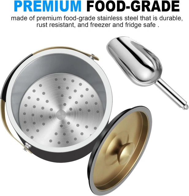 Black Ice Bucket with Lid and Tong Double Walled Ice Cube Bucket for Cocktail Bar Stainless Steel Insulated Ice Buckets