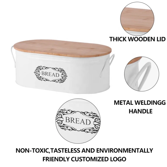 欧式厚木盖面包储物盒和金属焊接手柄，适用于厨房台面储物