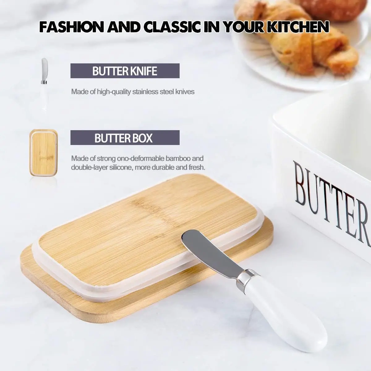 Airtight Covered Butter Keeper Container Ceramic Butter Dish Jar for Countertop
