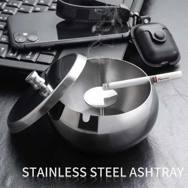 定制不锈钢烟灰缸圆形创意镀彩带盖密封桌面烟灰缸