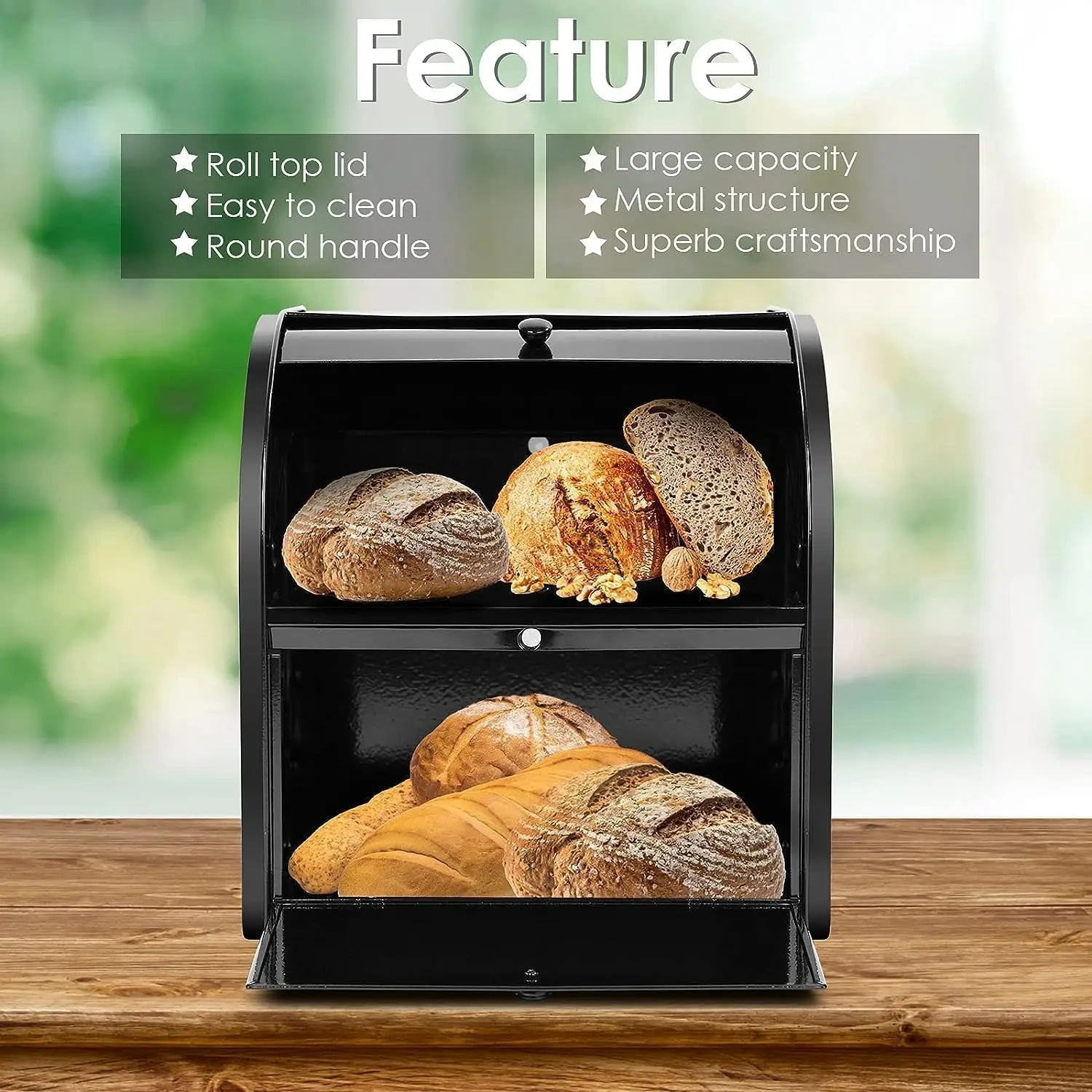 Metal Bread Box Storage Bin with Roll Top Lid Food Storage Double Layer Breadbox Hold
