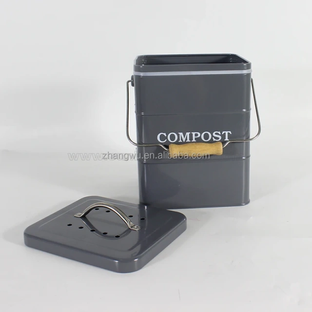 带木炭过滤器的厨房垃圾桶镀锌铁食物垃圾桶堆肥桶带木柄