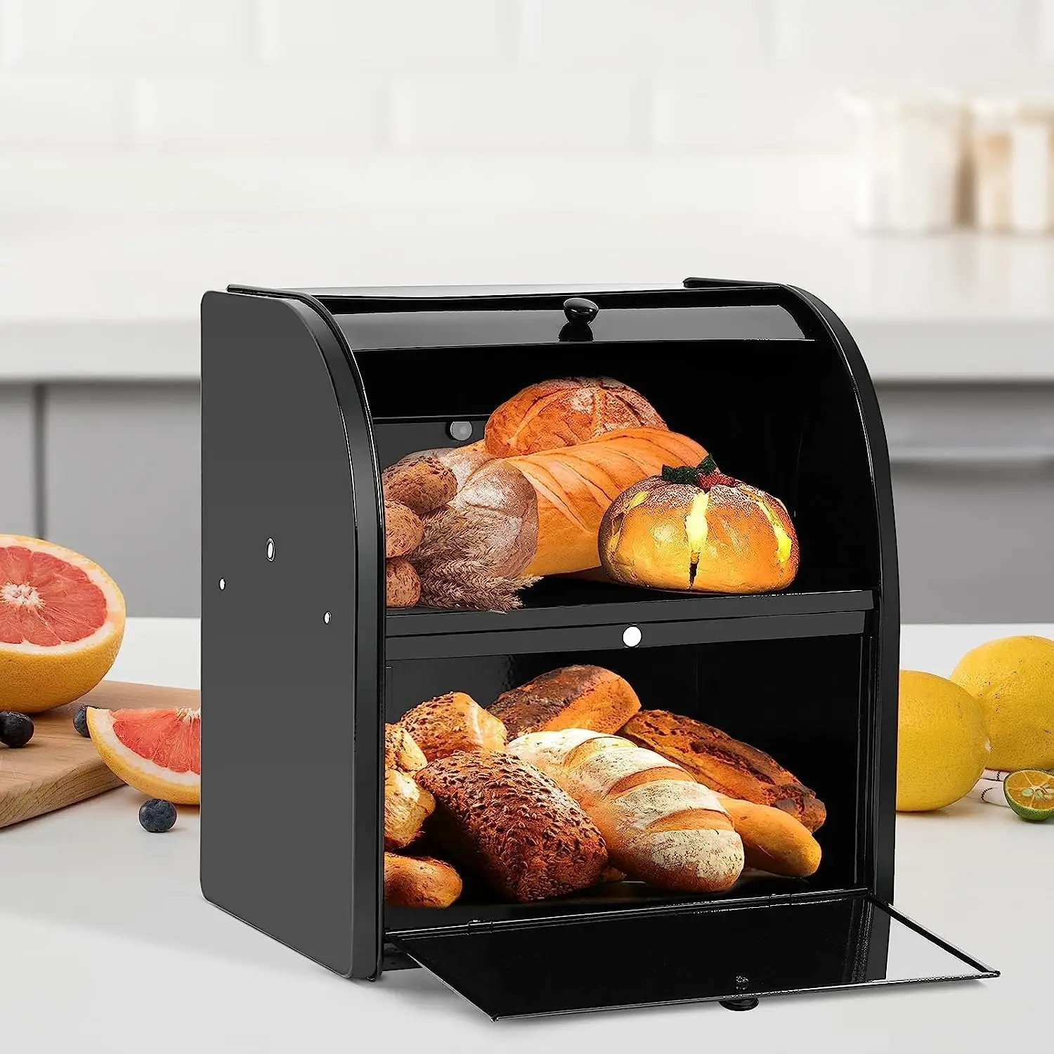 Metal Bread Box Storage Bin with Roll Top Lid Food Storage Double Layer Breadbox Hold
