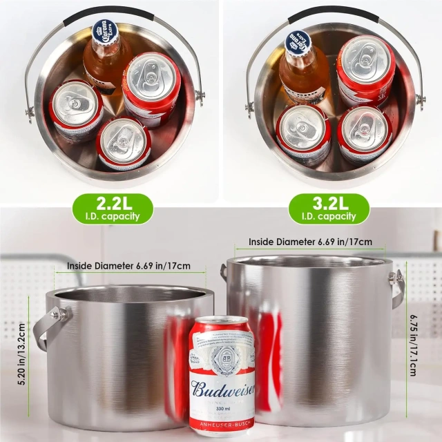 3L Modern Insulated Ice Bucket with Silicone Lid, Scoop, Strainer, Double Wall Stainless Steel Ice Bucket