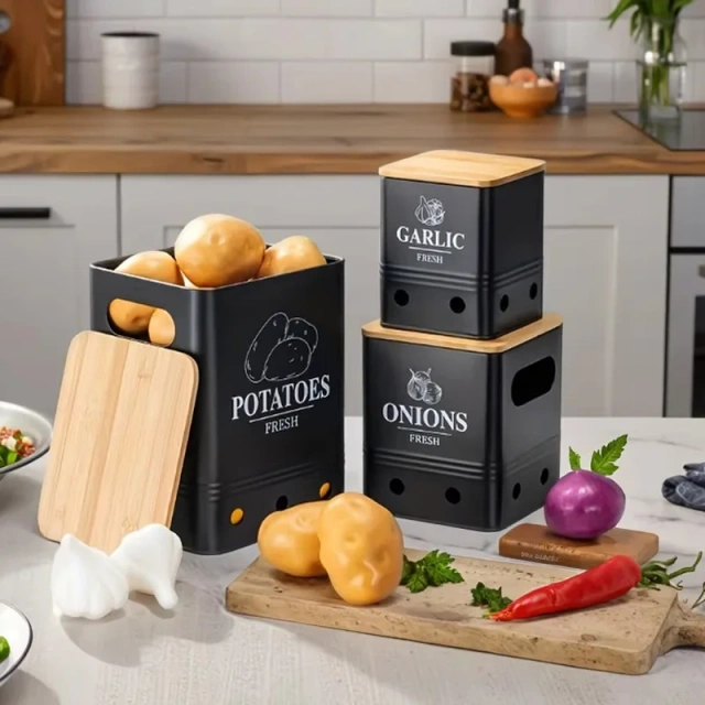 3 Pack Vegetable Storage Tins Metal Onion Garlic Potato Jars Set Kitchen Canisters Vegetable Keeper Containers with Wooden Lid