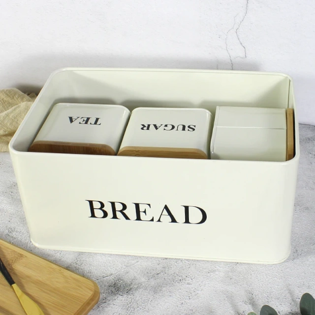 Kitchen Vintage Retro Design Stainless Steel White Metal Bread Box Powder Coated Bread Bin Storage Box with Bamboo Lid