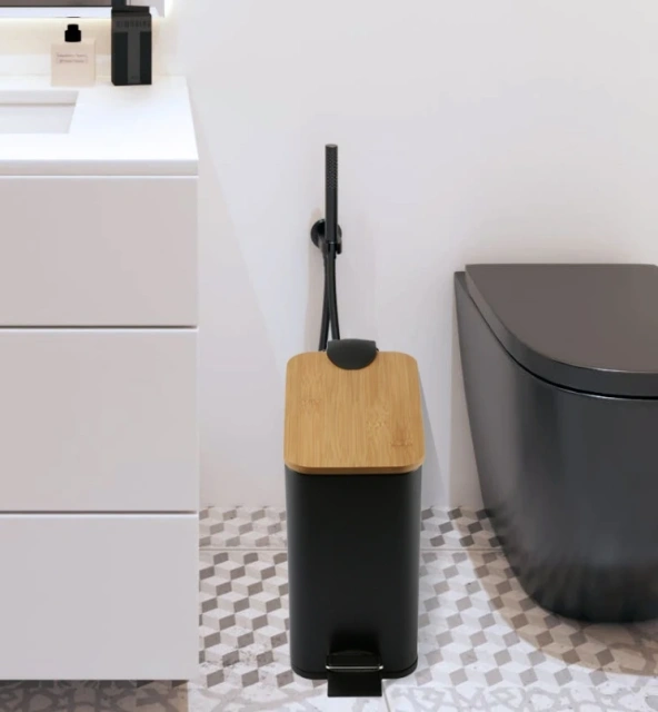 小型矩形垃圾桶，带缓降脚踏板，适用于浴室客厅，金属 5L 垃圾桶，带竹盖