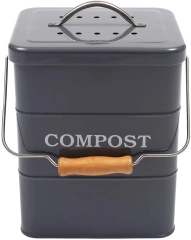 Kitchen Garbage Bin with Charcoal Filter Food Waste Bin with Wooden Handle Rectangle Galvanized Iron Metal Compost Bin
