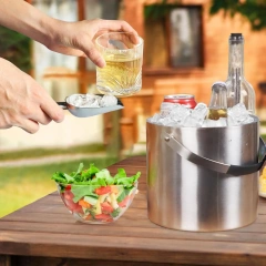 3L Modern Insulated Ice Bucket with Silicone Lid, Scoop, Strainer, Double Wall Stainless Steel Ice Bucket