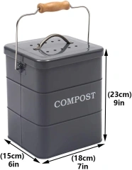 Kitchen Garbage Bin with Charcoal Filter Food Waste Bin with Wooden Handle Rectangle Galvanized Iron Metal Compost Bin