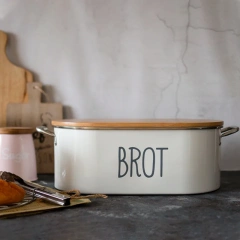 复古金属面包盒带竹盖白色密封厨房干粮储存面包箱镀锌铁面包盒