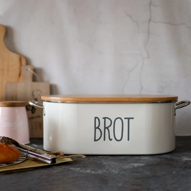 复古金属面包盒带竹盖白色密封厨房干粮储存面包箱镀锌铁面包盒