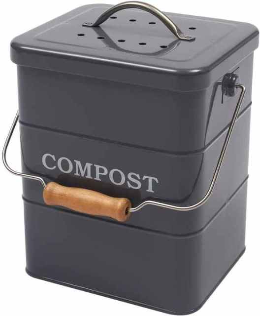 Kitchen Garbage Bin with Charcoal Filter Food Waste Bin with Wooden Handle Rectangle Galvanized Iron Metal Compost Bin