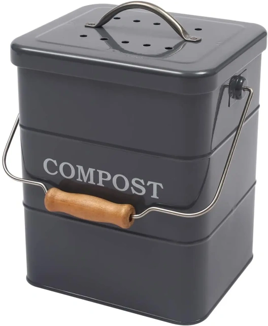 Kitchen Garbage Bin with Charcoal Filter Food Waste Bin with Wooden Handle Rectangle Galvanized Iron Metal Compost Bin