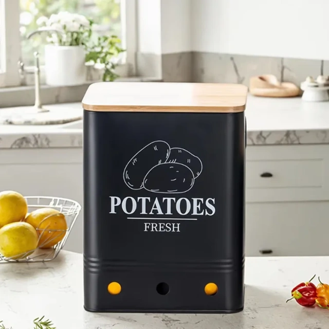 3 Pack Vegetable Storage Tins Metal Onion Garlic Potato Jars Set Kitchen Canisters Vegetable Keeper Containers with Wooden Lid