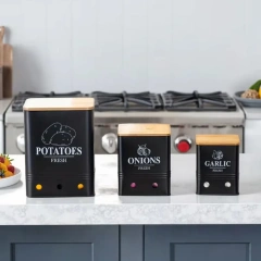 3 Pack Vegetable Storage Tins Metal Onion Garlic Potato Jars Set Kitchen Canisters Vegetable Keeper Containers with Wooden Lid