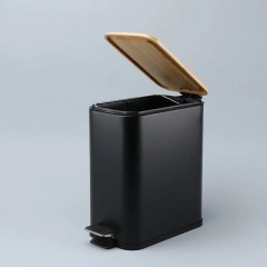 小型矩形垃圾桶，带缓降脚踏板，适用于浴室客厅，金属 5L 垃圾桶，带竹盖