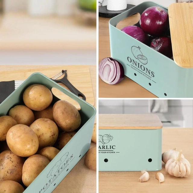 Metal Onion Garlic Potato Storage Set, Kitchen Canisters Vegetable Keeper Containers with Aerating Holes and Wooden Lid