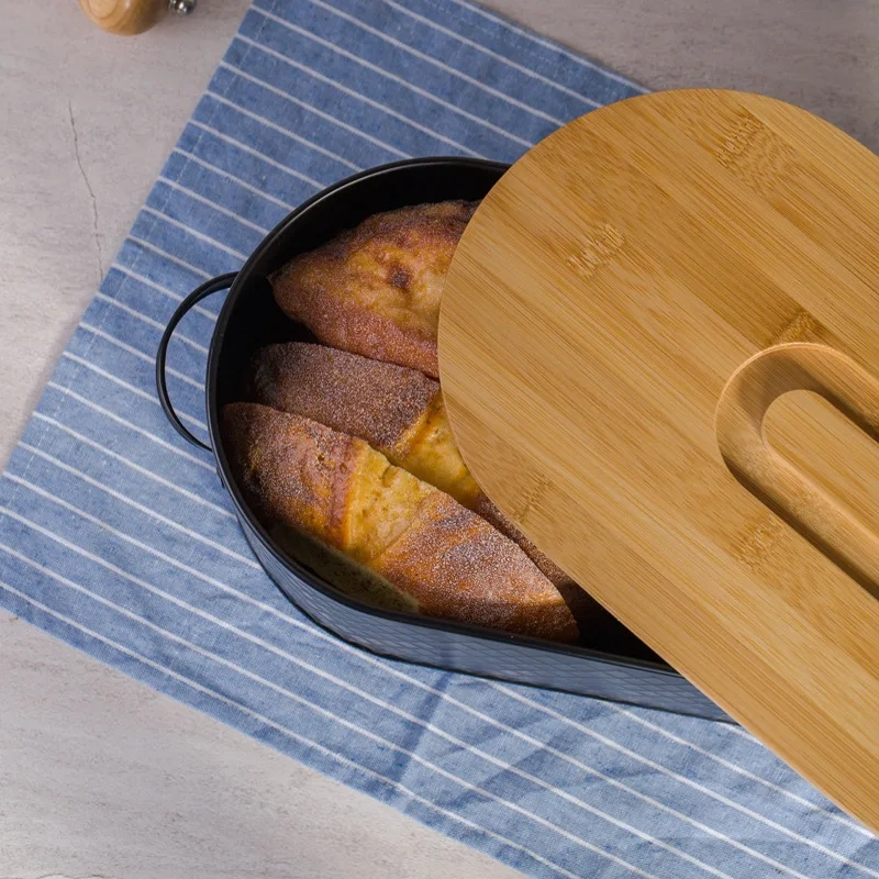 Black Bread Box Farmhouse Bread Box With Wood Lid Vertical Breadbox Bread Storage Bin Holder for Kitchen Countertop