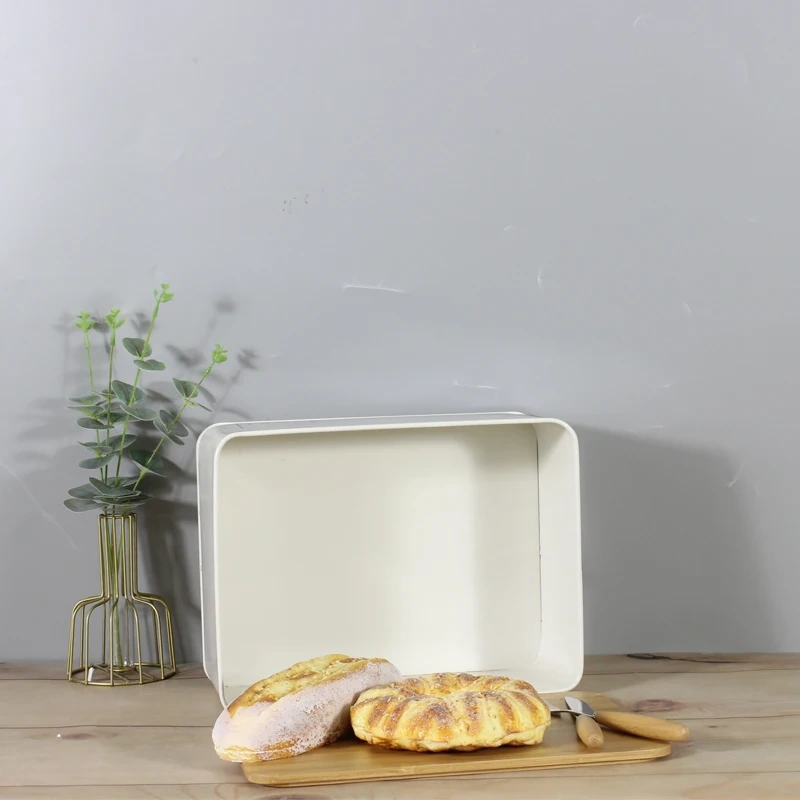 White Bread Tin with Bamboo Lid for Kitchen Vintage Design Cake Box Food Storage Bread Bin Container