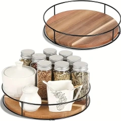 Turntable with Metal Frame Large Brown Organizer Storage Kitchen Countertop Rotating Spice Storage Rack Wooden Rotating Tray