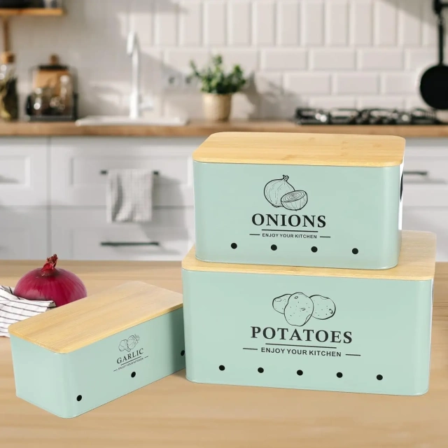 Metal Onion Garlic Potato Storage Set, Kitchen Canisters Vegetable Keeper Containers with Aerating Holes and Wooden Lid