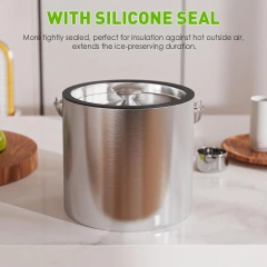3L Modern Insulated Ice Bucket with Silicone Lid, Scoop, Strainer, Double Wall Stainless Steel Ice Bucket