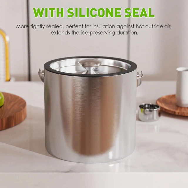 3L Modern Insulated Ice Bucket with Silicone Lid, Scoop, Strainer, Double Wall Stainless Steel Ice Bucket