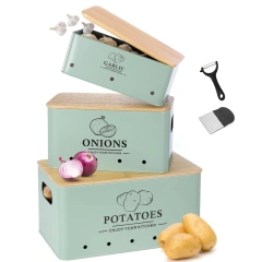 Metal Onion Garlic Potato Storage Set, Kitchen Canisters Vegetable Keeper Containers with Aerating Holes and Wooden Lid