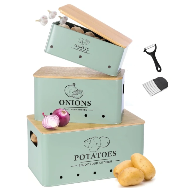 Metal Onion Garlic Potato Storage Set, Kitchen Canisters Vegetable Keeper Containers with Aerating Holes and Wooden Lid