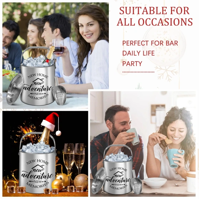 Factory Custom Double Layer Stainless Steel Ice Bucket Coolers Holders with Lid and Scoop Metal Material Hot Sell
