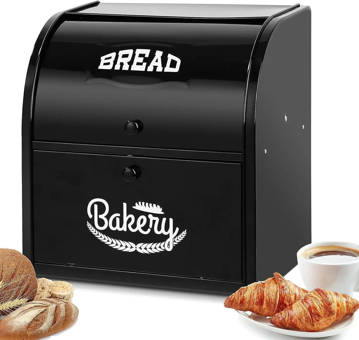 Metal Bread Box Storage Bin with Roll Top Lid Food Storage Double Layer Breadbox Hold