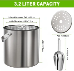 3L Modern Insulated Ice Bucket with Silicone Lid, Scoop, Strainer, Double Wall Stainless Steel Ice Bucket