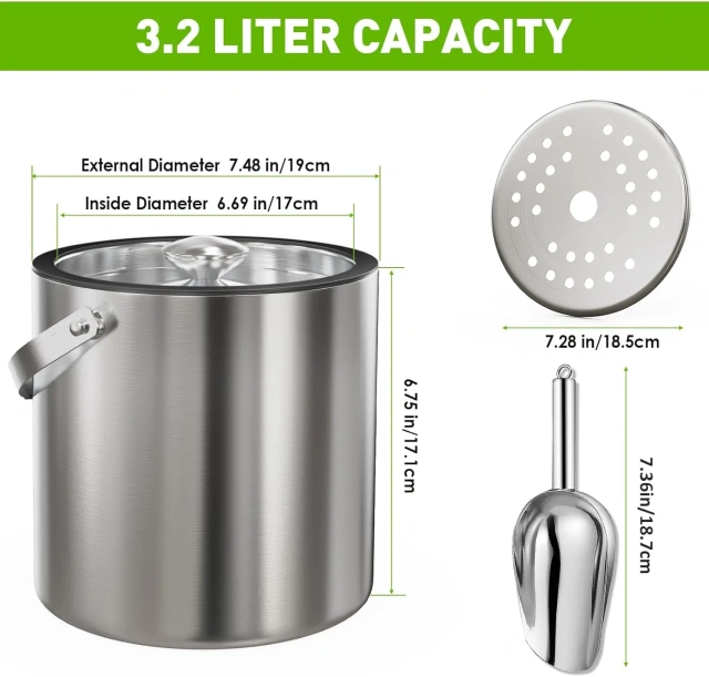 3L Modern Insulated Ice Bucket with Silicone Lid, Scoop, Strainer, Double Wall Stainless Steel Ice Bucket