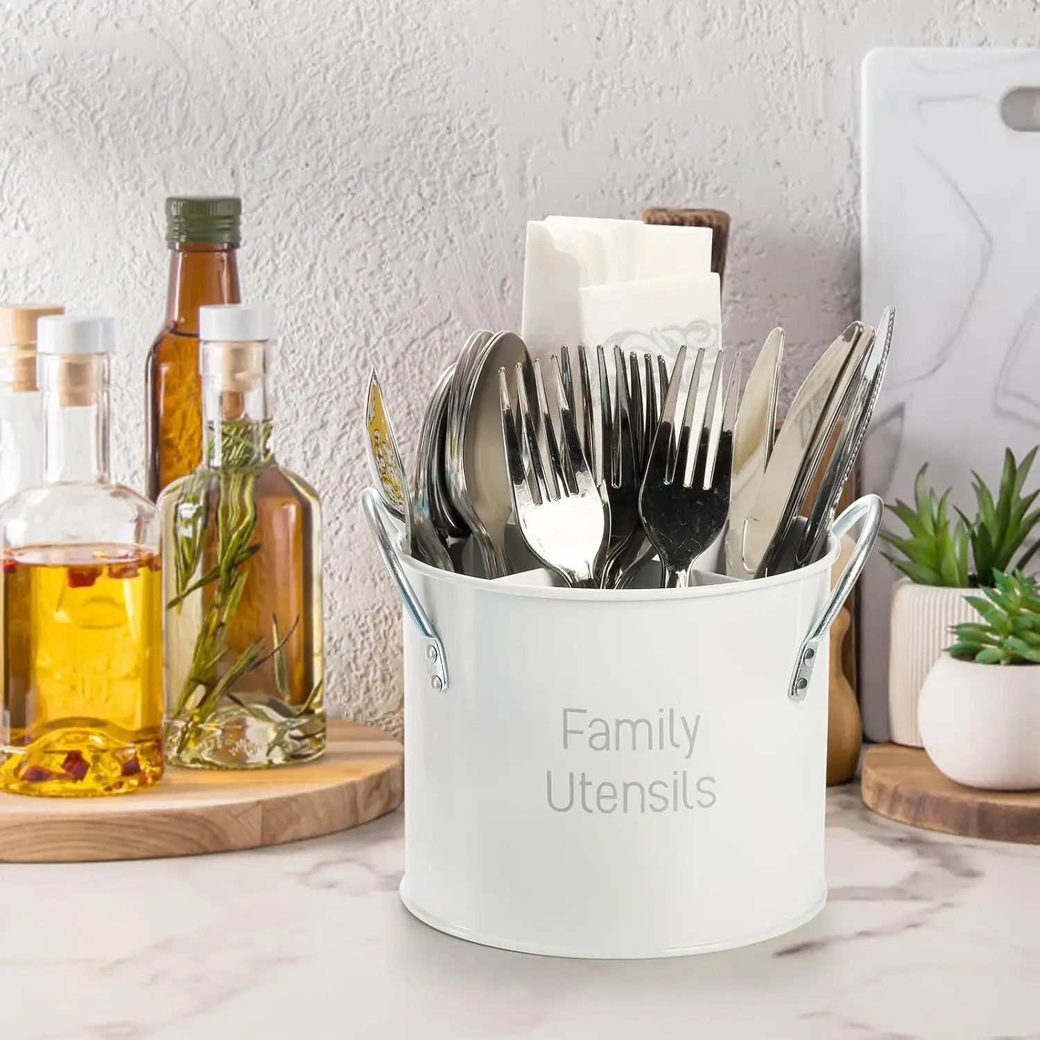 Vintage Utensil Holder 4 Compartment Metal Silverware Rotating Spatula Crock Cooking Utensil Organizer for Spoons Knives Forks