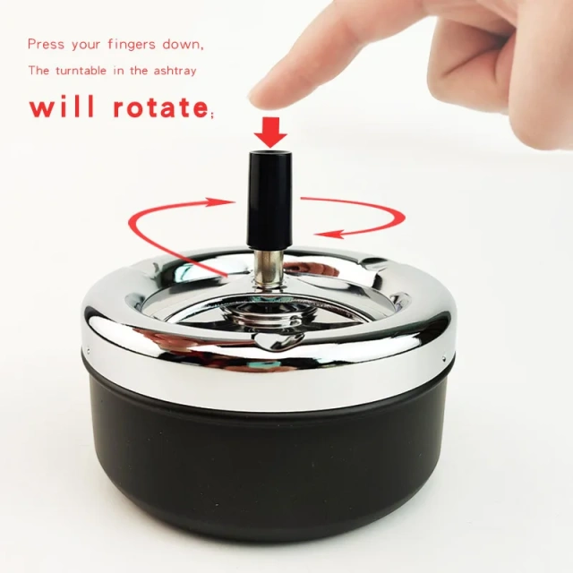 Round Push Down Tabletop Cigarette Ashtray with Spinning Tray Cigarette Ashtray Rotating Metal Ashtray Holder for Smokers