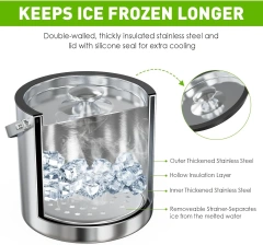 3L Modern Insulated Ice Bucket with Silicone Lid, Scoop, Strainer, Double Wall Stainless Steel Ice Bucket
