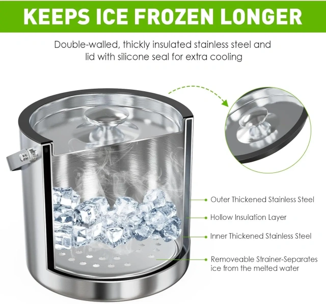 3L Modern Insulated Ice Bucket with Silicone Lid, Scoop, Strainer, Double Wall Stainless Steel Ice Bucket