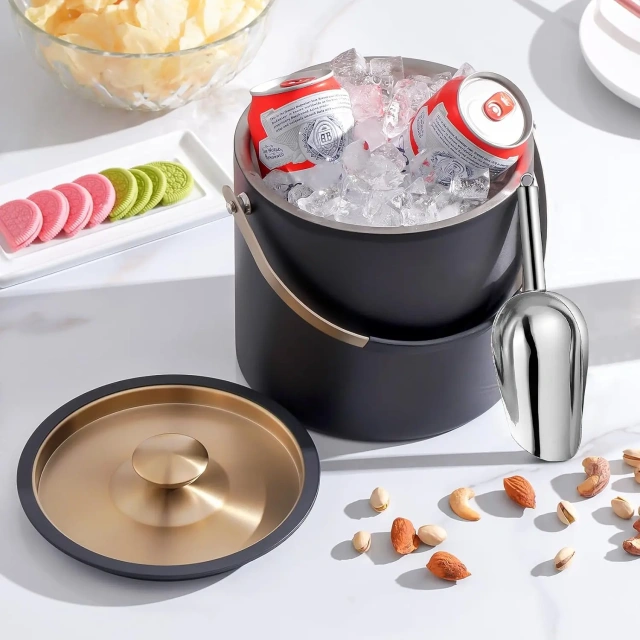 Black Ice Bucket with Lid and Tong Double Walled Ice Cube Bucket for Cocktail Bar Stainless Steel Insulated Ice Buckets