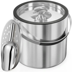 3L Modern Insulated Ice Bucket with Silicone Lid, Scoop, Strainer, Double Wall Stainless Steel Ice Bucket